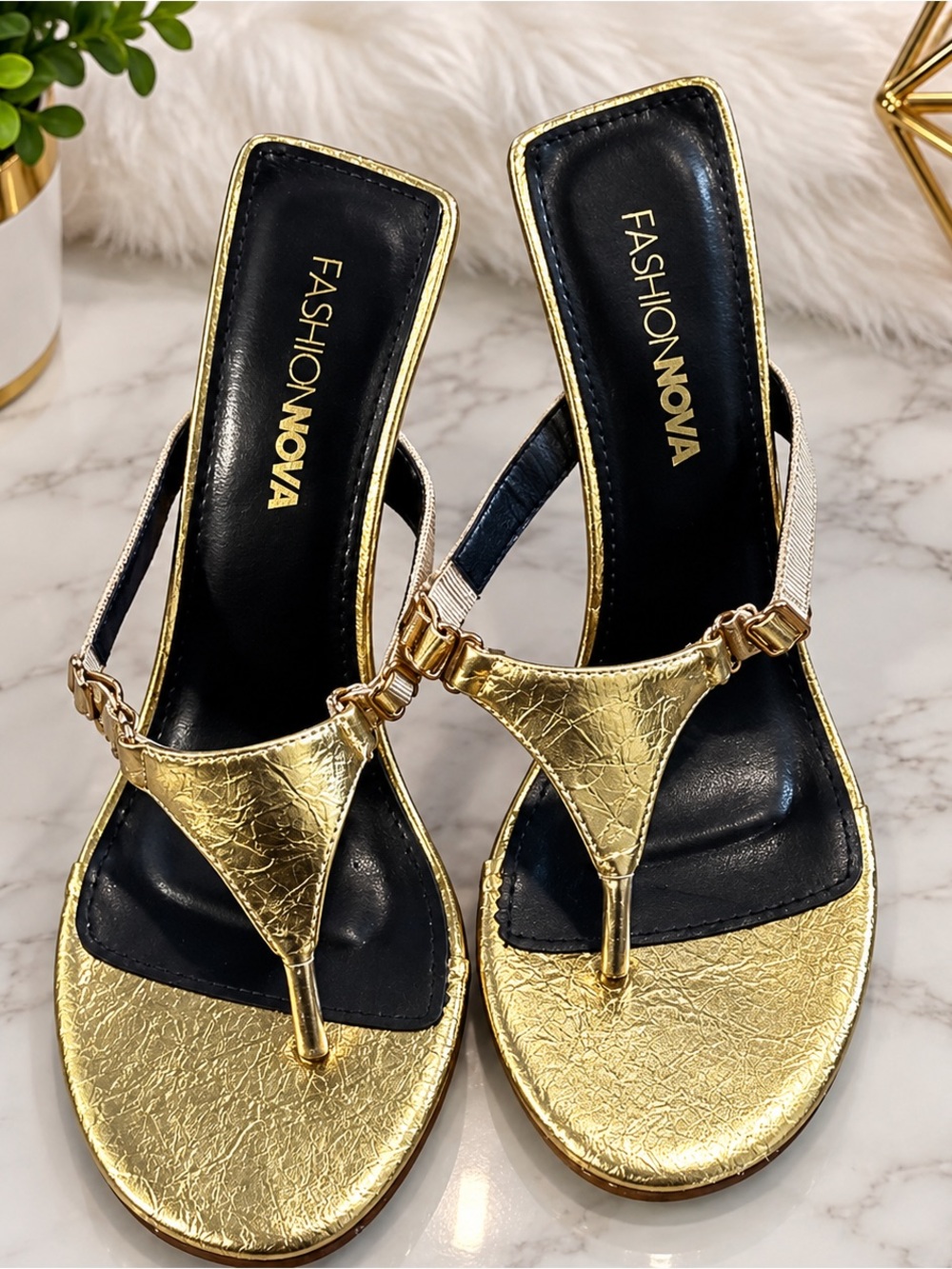 Fashion Nova Metallic Gold T-Strap Mule Heels